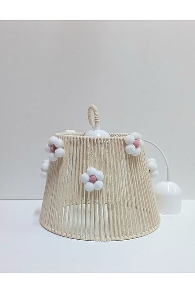 C&A&B KUZEY AVİZE Ecru Macrame - Pink Pompom Floral Patterned Young Baby and Children's Room Design