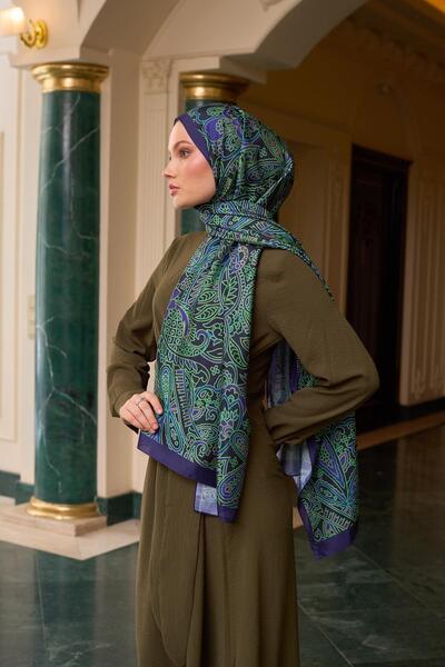 İpekhan Purple Green Patterned Silk Voile Shawl - 9803-17
