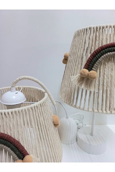 C&A&B KUZEY AVİZE Ecru Macrame Rope Wrap - Chandelier and Lampshade Set with Rainbow Sconce