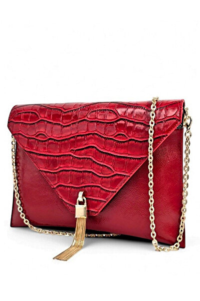Evident Red Patent Leather & Crocodile Patterned Chain Women's Clutch & Clutch Bag