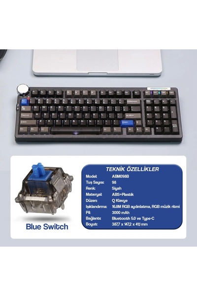 CIDOO ABM098 Esports RGB Mekanik 3 Mode Kablosuz Klavye (SİYAH)