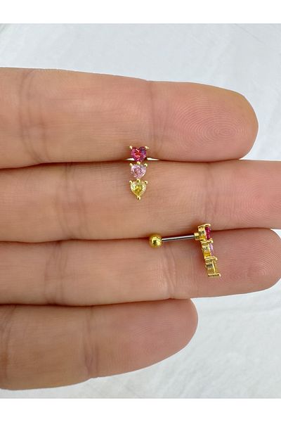Arescollection Colorful Heart Zircon Rhinestone 1 Piece Helix Flat Conch Lobe Matched Piercing Earring