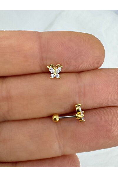Arescollection Çelik barlı zirkon taşlı 1 adet kelebek tragus helix lobe uyum...