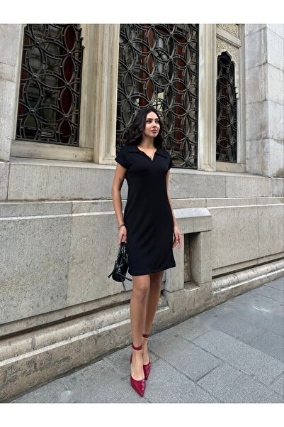 sportiness Polo Yaka Cepli Önü Çımalı Siyah Elbise