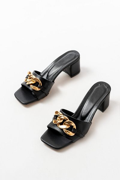 marinarosse Women's Bella Black Skin Chain Buckle Detailed Slippers