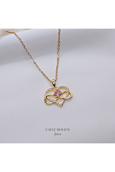 CHICMOON STORE Infinity Heart Necklace with Steel Gold Color Pink Stone