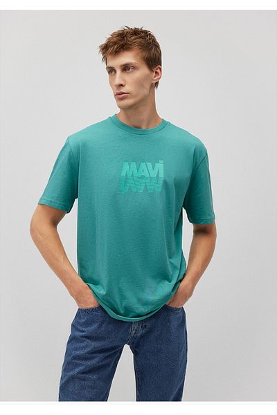 Mavi πράσινο άνετο (χαλαρό) μπλουζάκι με τυπωμένο λογότυπο