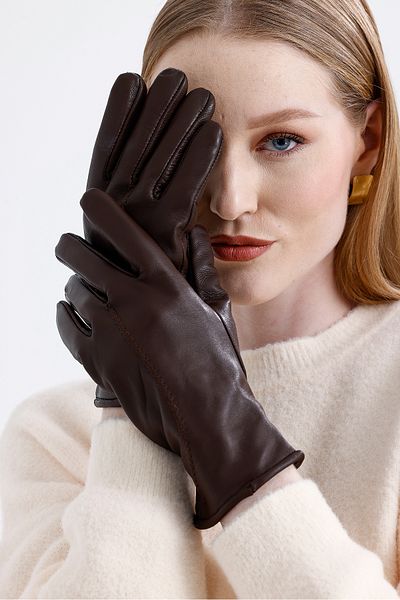 fubileather Дамски кафяви ръкавици от естествена кожа