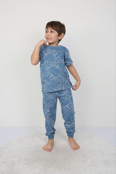 bunny hopp Set de pijamale de vară cu mânecă scurtă pentru băiat, 100% bumbac - cu model albastru pentru consolă de jocuri