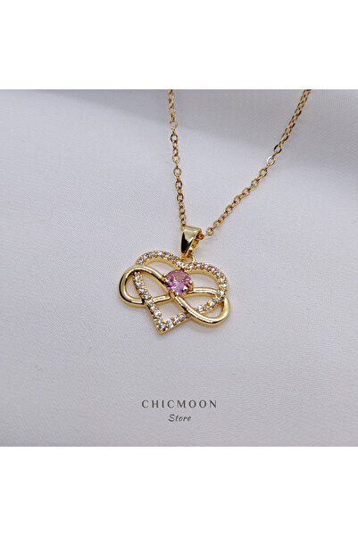 CHICMOON STORE Infinity Heart Necklace with Steel Gold Color Pink Stone