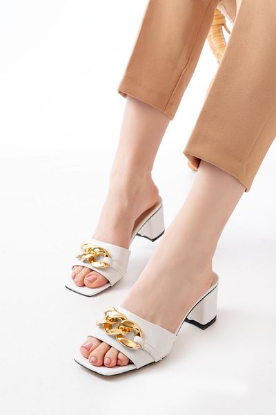 marinarosse Women's Bella White Skin Chain Buckle Detailed Slippers