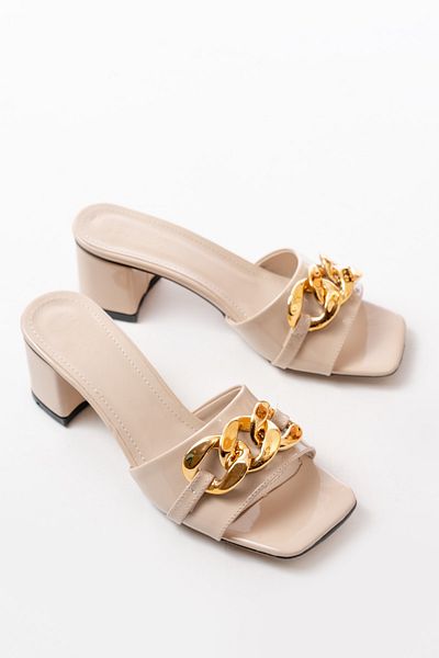marinarosse Women's Bella Beige Patent Leather Chain Buckle Detailed Slippers