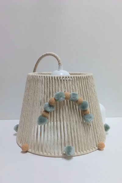 C&A&B KUZEY AVİZE Ecru Macrame - Green Pompom, Rope Wrapped Mink Soft Baby and Kids Room Design
