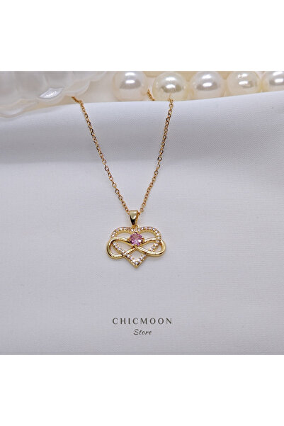 CHICMOON STORE Infinity Heart Necklace with Steel Gold Color Pink Stone