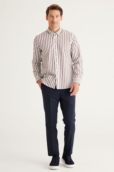 AC&Co / Altınyıldız Classics Men's Brown White Slim Fit Slim Fit Hidden Button Collar Cotton Shirt