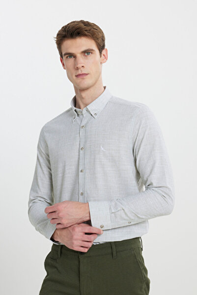 ALTINYILDIZ CLASSICS Ανδρικό χακί 100% βαμβακερό πουκάμισο με λεπτή εφαρμογή με κουμπιά γιακά με ριγέ