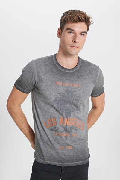 AC&Co / Altınyıldız Classics Men's Anthracite Standard Fit Regular Fit 100% Cotton Flared Crew Neck T-Shirt