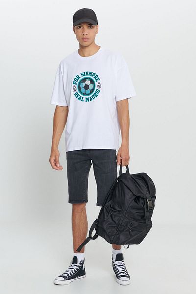 AC&Co / Altınyıldız Classics Weißes, von Real Madrid lizenziertes T-Shirt für Herren, Übergröße, lockere Passform, Rundhalsausschnitt, 100 % Baumwolle