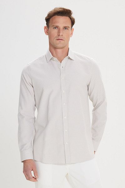 ALTINYILDIZ CLASSICS Λευκό-μπεζ ανδρικό πουκάμισο - Easy Iron, Slim Fit, Button Collar, Seersucker Pattern