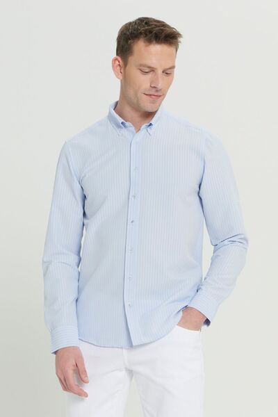 AC&Co / Altınyıldız Classics Erkek Açık Mavi Kırışmayan Teknik Oxford Gofre Desenli Slim Fit Dar Kesim Düğmeli Yaka Esnek Gömlek