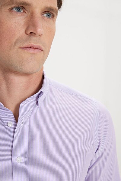 AC&Co / Altınyıldız Classics Cămașă pentru bărbați, alb-liliac, slim fit, subțire, cu guler ascuns, din bumbac, cu dungi