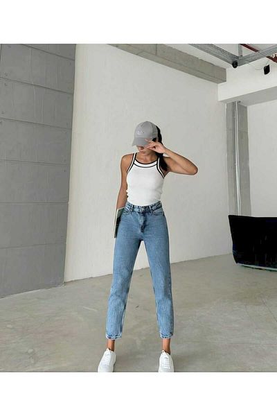 LİMABEL Milano Gizem Zaha Dores - Blugi Mom Lycra cu talie înaltă, albastru, spălat cu zăpadă