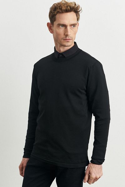ALTINYILDIZ CLASSICS Pulover negru pentru bărbați, cu croială obișnuită, cu croiala normală, tricotaje cu gât.