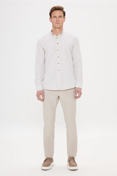 AC&Co / Altınyıldız Classics Μπεζ Slim Fit Oxford Seersucker με σχέδιο εύκαμπτο πουκάμισο - γιακά με κουμπιά