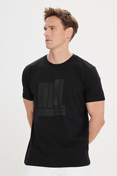 ALTINYILDIZ CLASSICS Men's Black Slim Fit Narrow Cut Crew Neck Cotton Printed T-Shirt