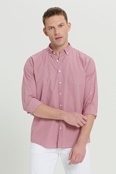 AC&Co / Altınyıldız Classics Red Cotton Men's Shirt - Comfort Fit, Relaxed Fit, Hidden Button Collar