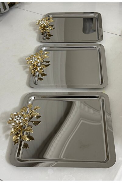 Elzemm store PASLANMAZ ÇELİK PAPATYA TAŞLI 6 ADET KARE  MODEL SUNUM TEPSİSİ