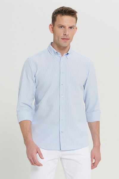 AC&Co / Altınyıldız Classics Light Blue Flexible Oxford Shirt - Technical Seersucker Pattern, Slim Fit, Buttoned Collar