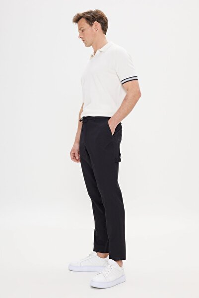 AC&Co / Altınyıldız Classics Erkek Siyah Oversize Bol Kesim Beli Bağlamalı Pamuklu Esnek Armürlü Yan Cepli Pantolon
