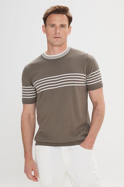AC&Co / Altınyıldız Classics Pánské khaki-bílé standardní střih Regular Fit 100% bavlna Pruhované tričko s výstřihem a výstřihem