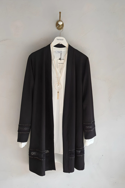 Hanezza Plus Size Lace Stylish Viscose Combed Cardigan - Black