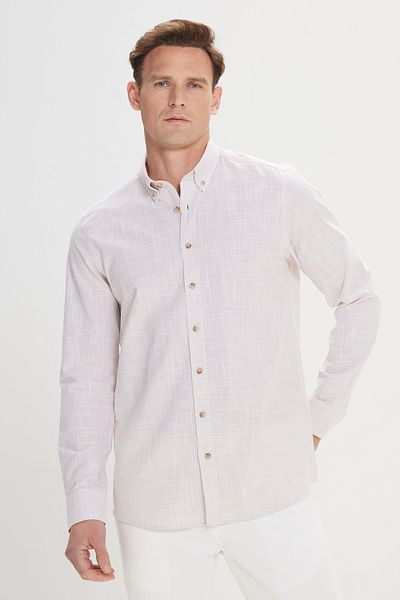 ALTINYILDIZ CLASSICS Beige Slim Fit Herren-Sommerhemd – 100 % Baumwolle, Leinen-Look, geknöpfter Kragen