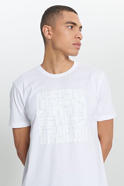 AC&Co / Altınyıldız Classics Ανδρικό μπλουζάκι με τυπωμένη λαιμόκοψη σε κανονική εφαρμογή 100% βαμβακερό σχέδιο