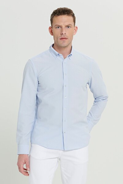 AC&Co / Altınyıldız Classics Erkek Açık Mavi Kırışmayan Teknik Oxford Gofre Desenli Slim Fit Dar Kesim Düğmeli Yaka Esnek Gömlek