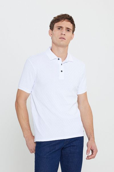 ALTINYILDIZ CLASSICS Weißes Slim-Fit Slim-Fit-Jacquard-T-Shirt mit Polokragen für Herren