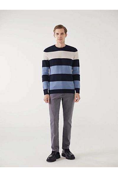 LC Waikiki Lcwaikiki Classic Navy Blue Crew Neck Long Sleeve Color Block Men's Knitwear Sweater