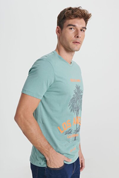 AC&Co / Altınyıldız Classics Ανδρικό T-shirt MINT GREEN Standard Fit κανονική εφαρμογή 100% βαμβακερό μπλουζάκι με λαιμόκοψη