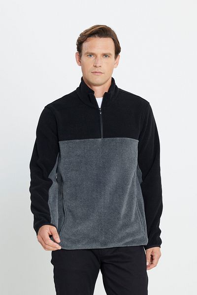 AC&Co / Altınyıldız Classics Men's Black-Light Melange Anti-Pilling Non-Pilling Standard Fit Stand-up Collar Fleece Sweatshirt