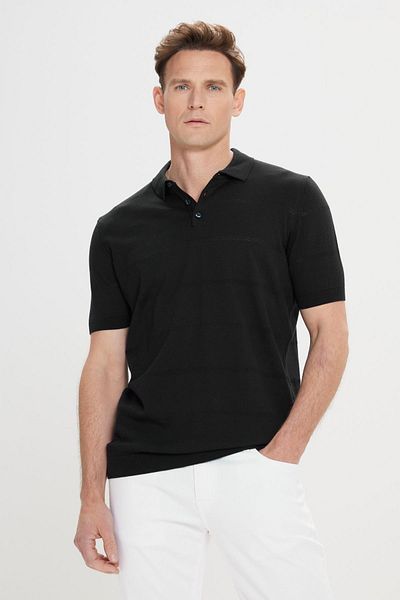 AC&Co / Altınyıldız Classics Schwarzes Strick-T-Shirt mit Polokragen und Jacquard-Muster in Standard-Passform für Herren, 100 % Baumwolle