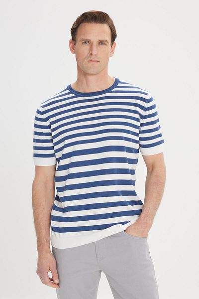 AC&Co / Altınyıldız Classics Pánské námořnicky modro-bílé Slim Fit Slim Fit 100% bavlna Tričko s pruhovaným výstřihem a výstřihem
