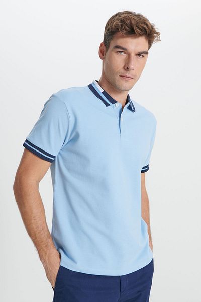 AC&Co / Altınyıldız Classics Tricou pentru bărbați, albastru deschis, slim fit, 100% bumbac, fără ondulare, cu guler polo