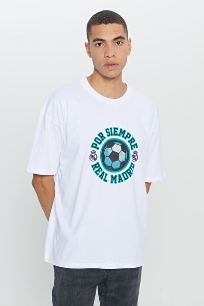 AC&Co / Altınyıldız Classics Ανδρικό λευκό μπλουζάκι Real Madrid με άδεια χρήσης Oversize Fit Loose Fit 100% Cotton Crew Neck T-shirt