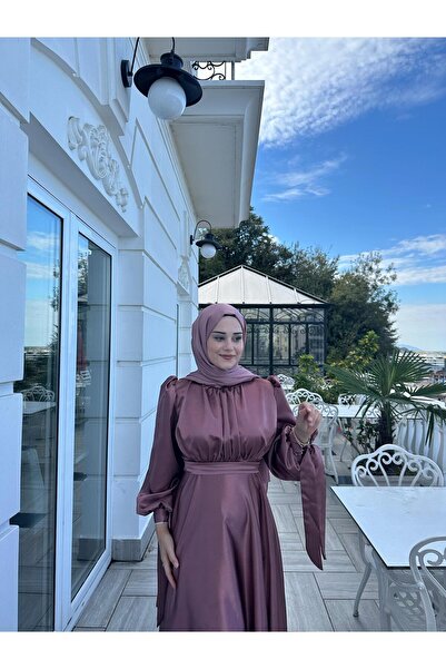 KADNER Lia Gül Kurusu Önü Büzgülü Şanel Saten Kumaş Lüks Tesettür Abiye Elbise