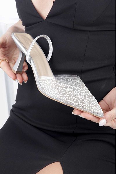 werfen Women's Coral Detailed Transparent Heeled Evening Dress Shoes