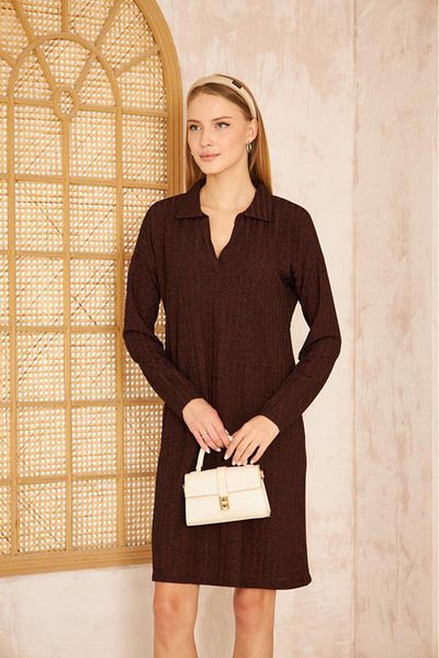 Pasaklı Giyim Rochie de damă, cu gât polo, mânecă lungă, cu nervuri argintii, tricotaje sportive Yb 2988210