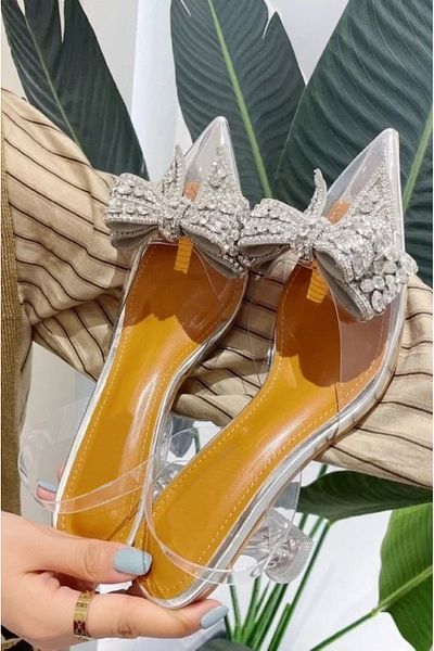 TrendyAnka Lady Princess Silver Nude 8 cm Transparentní křišťálová mašle na podpatku Kámen na jehlách Svatební zásnubní večerní šaty Boty